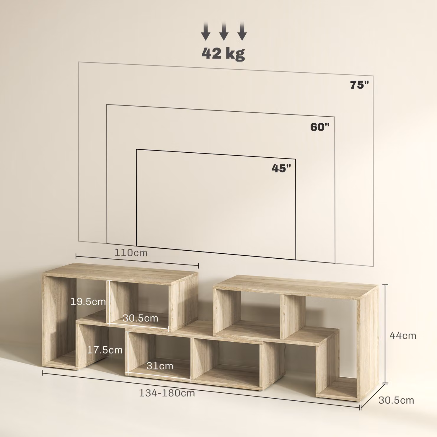 HOMCOM Extendable Grey Oak TV Stand with Storage Shelves for TVs up to 75 Inches – 3