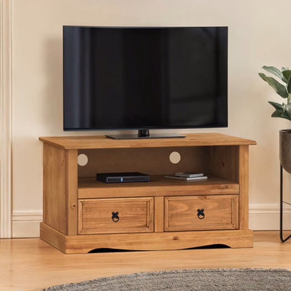 NESTLUNE Rustic Solid Pine TV Stand in Brown with 2 Drawers, W/D/H: 100 x 100 x 100 cm – 3