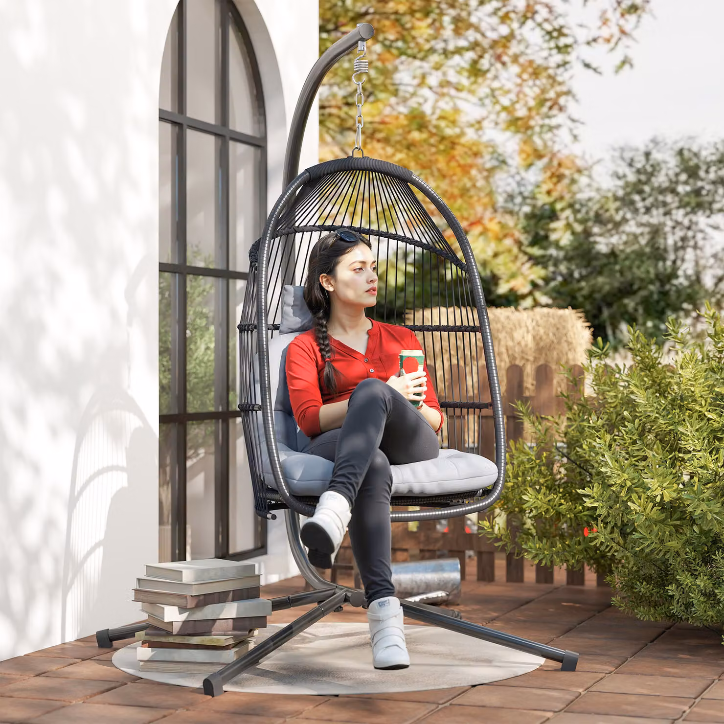 Outsunny Rattan Hanging Egg Chair with Stand and Cushion in Dark Grey – 6