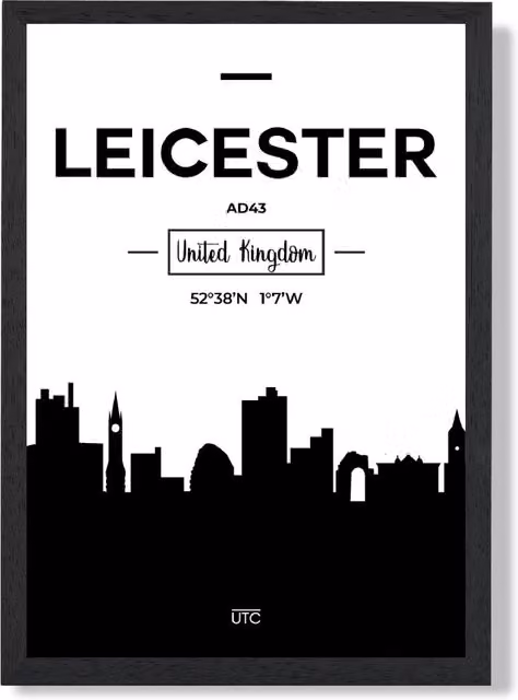 ARTZE Leicester Black and White City Skyline Framed Print, A4, Black Frame – 1