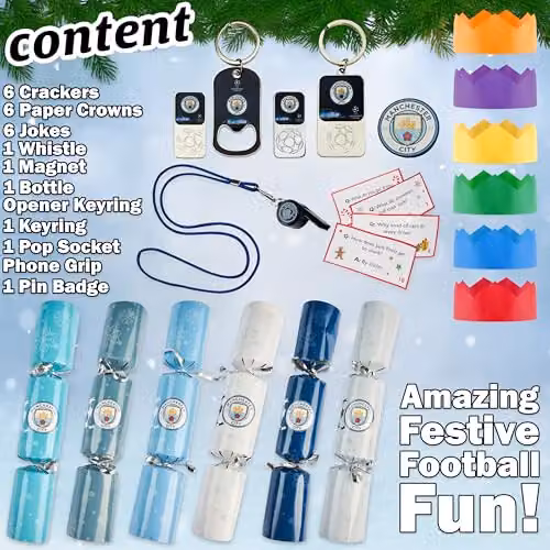 Manchester City F.C. Luxury Christmas Crackers, Pack of 6 Blue and Multicolour Festive Party Crackers with Football Collectibles – 5