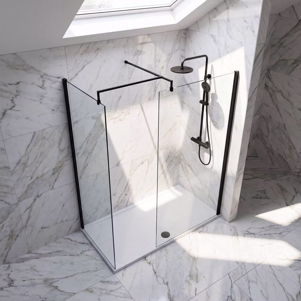 Balterley Matt Black Walk-In Wetroom Bundle with Rectangular Transparent Glass, W: 1600 mm, D: 800 mm – 2
