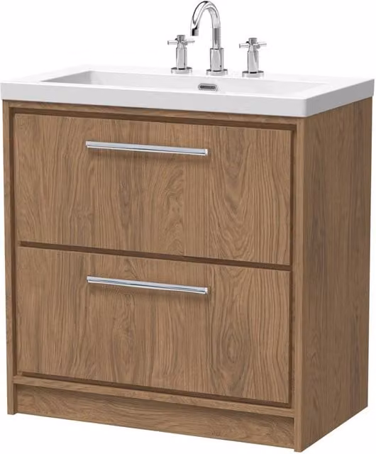 Balterley Longnor 2 Drawer Floor Standing Vanity Basin Unit in Antique Oak Brown, Width: 80 cm