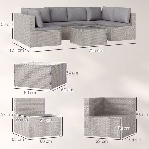 Outsunny 7 Piece Grey Rattan Garden Furniture Set with Upholstered Cushions and Coffee Table for 6 Adults – 7