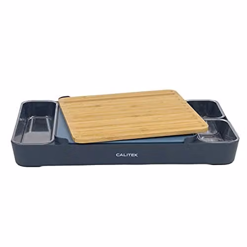 Calitek Chopping Board Set with Bamboo and BPA Free Plastic Boards and Storage Stand in Blue – 1
