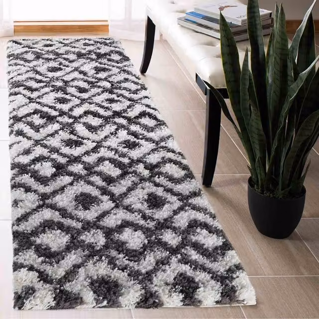 Desire Rugs Moroccan Berber Shaggy Runner with Ikat Geometric Design in White and Grey, W: 60 cm, L: 220 cm