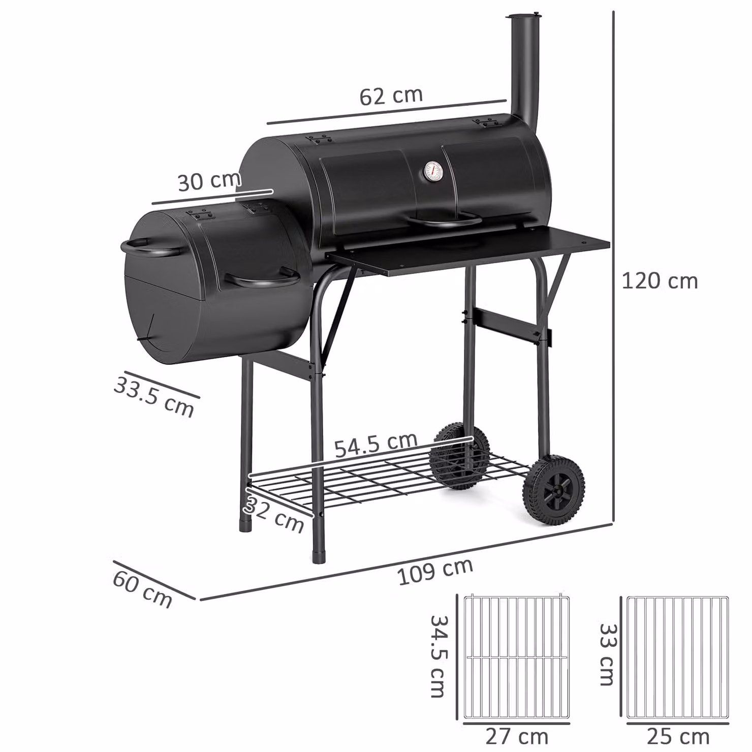 Outsunny Portable Charcoal Barbecue Grill with Offset Smoker, Black, W/D/H: 109 x 60 x 120 cm – 3