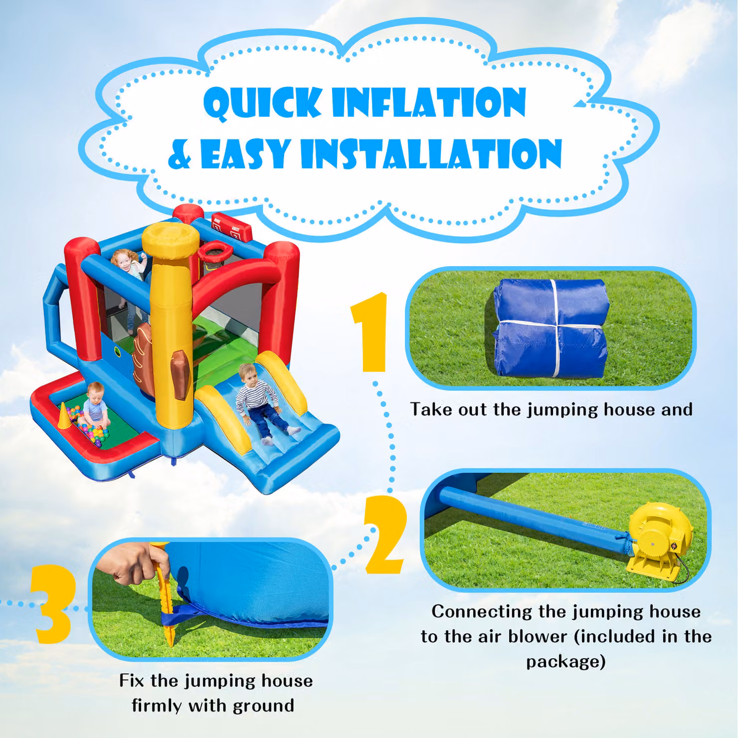 COSTWAY Blue Kids Bouncy Slide Castle with Slide and Motor – 2