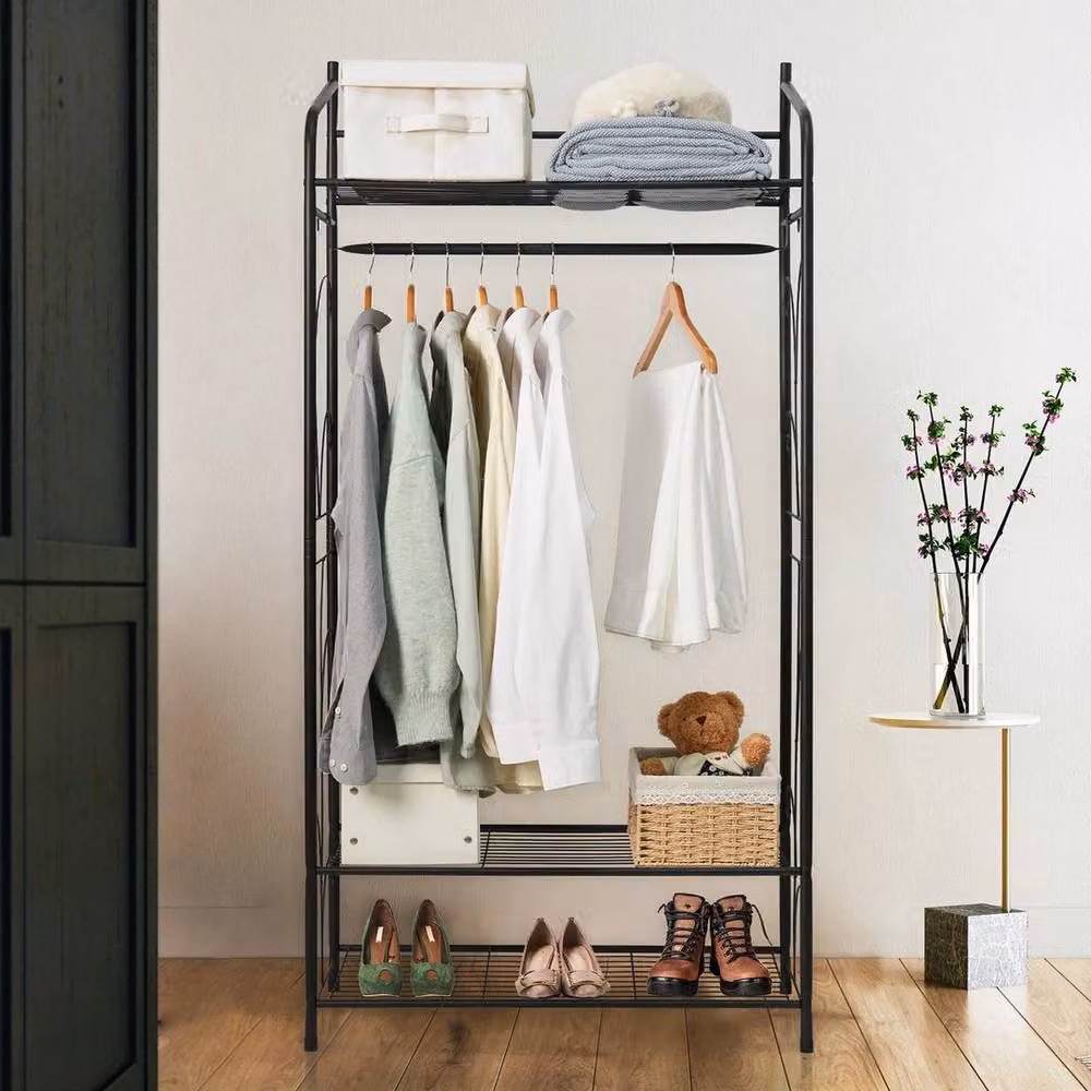 KORVIXA Industrial Open Wardrobe Garment Rack with Shoe Storage in Matt Black, Width: 90 cm – 2