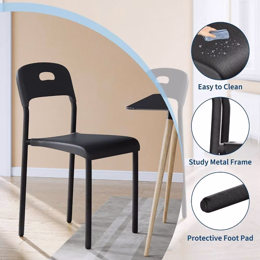 London Boutique Set of 2 Modern Stackable Black Plastic and Metal Kitchen Side Chairs – 4