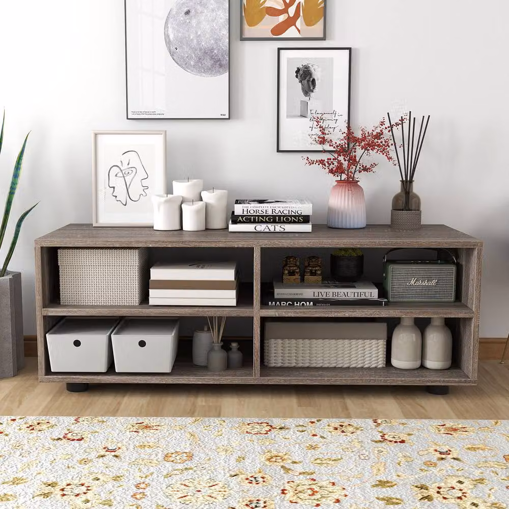 Gymax Grey Modern Entertainment Center TV Stand for up to 40 inch TVs, Width: 90 cm – 4