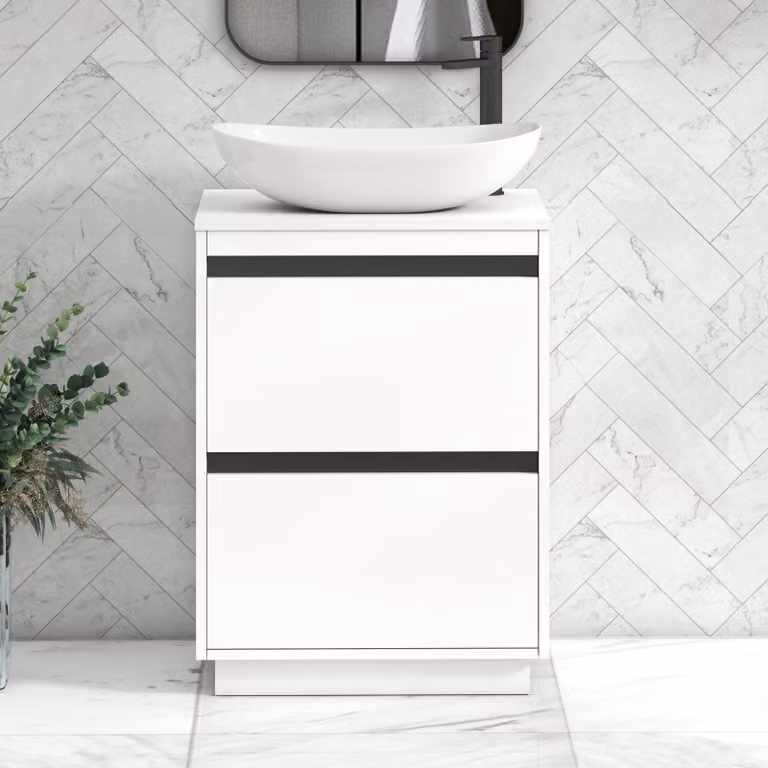 Royal Bathrooms Orion 600mm Matt White Floor Standing 2 Drawer Vanity Unit with Cesar Basin and Black Accent Trim