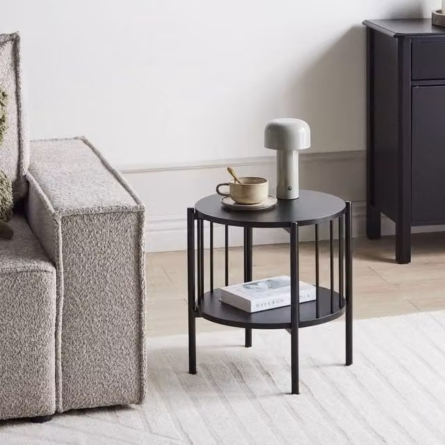 Wyld and Coco Black Round MDF Side Table with Shelf, W/D/H: 40 x 40 x 44 cm