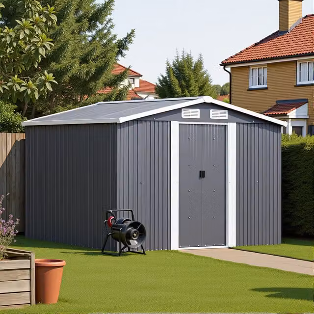 Breeins Metal Garden Storage Shed with Sliding Door and Side Vents, Charcoal Black