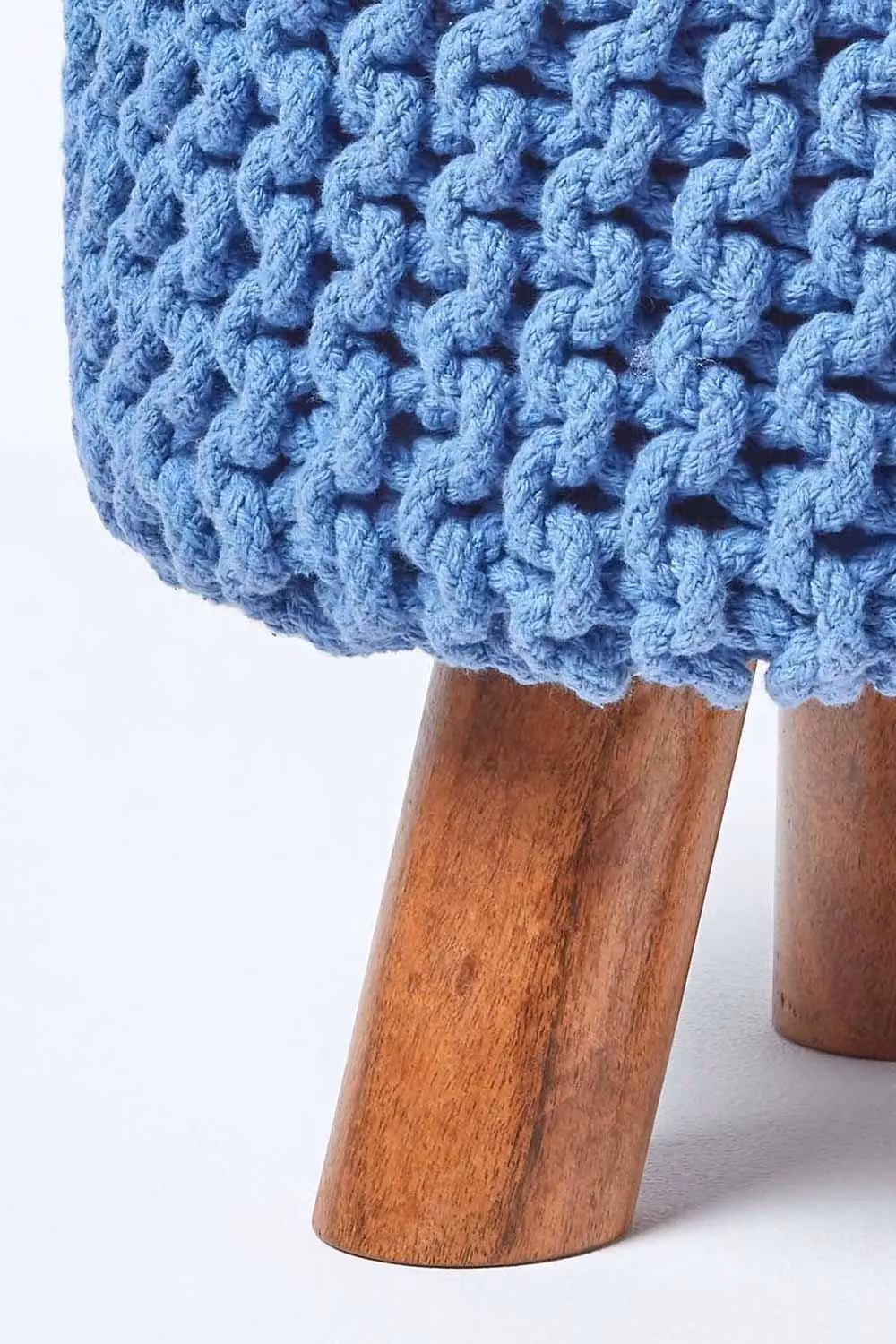 Homescapes Tall Blue Cotton Knitted Footstool with Wood Frame – 3