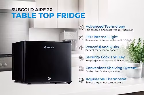 Subcold Aire20 LED Mini Fridge, 20L Thermoelectric Countertop Model with Interior LED Light and Lockable Solid Door, Black – 4
