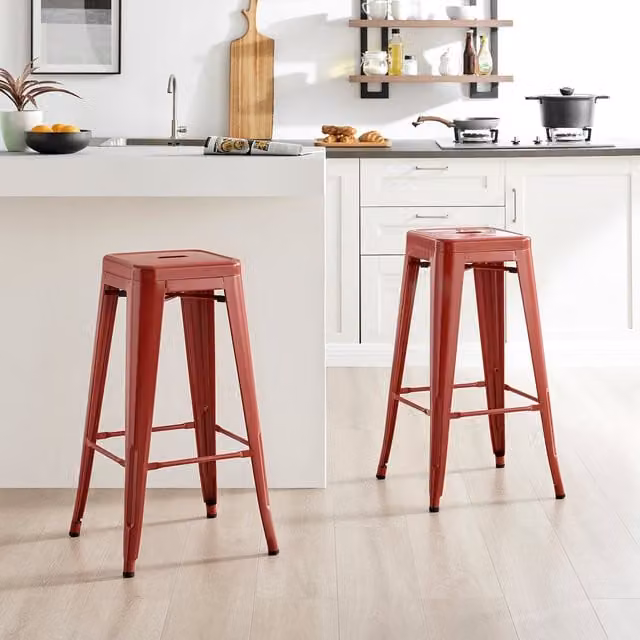 FurnitureboxUK Set of 2 Colton Red Industrial Metal Stackable Kitchen Bar Stools