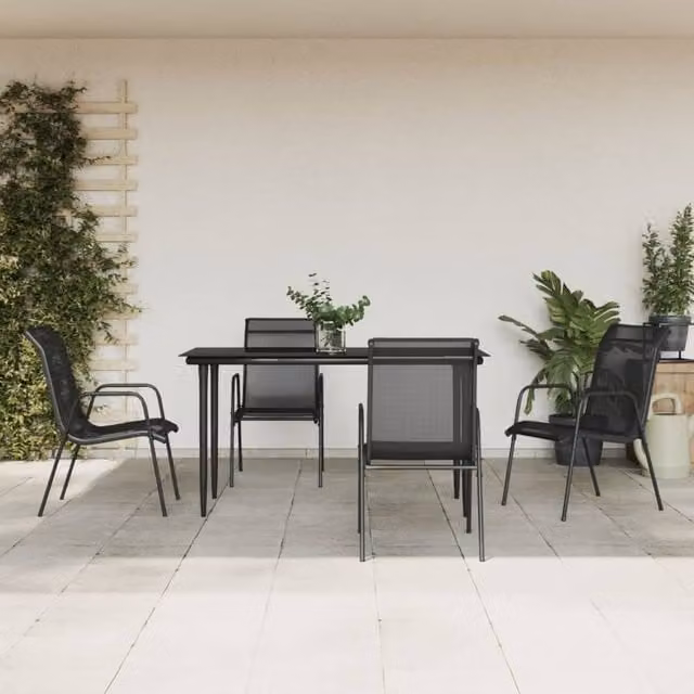 Berkfield Home 5 Piece Modern Garden Dining Set in Black Matt Powder Coated Steel and Textilene with Glass Tabletop