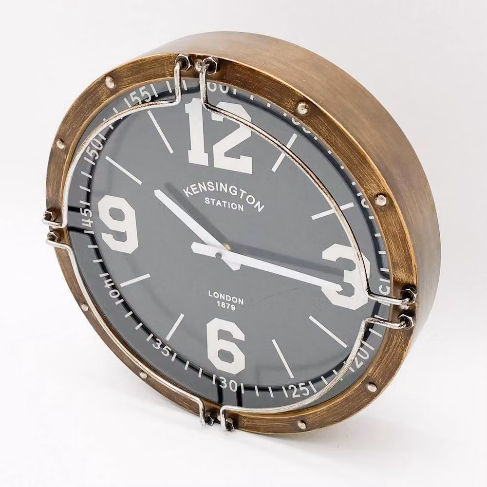 Minster Brown Analog Round Metal Wall Clock, W: 40 cm, H: 40 cm, D: 8 cm – 7