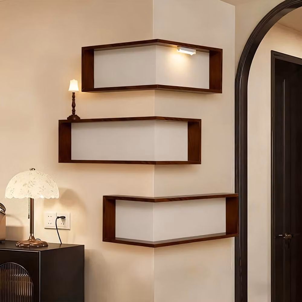 FORGEVIO Set of 3 Rustic Brown Pine Wood Floating Corner Wall Shelves – 5