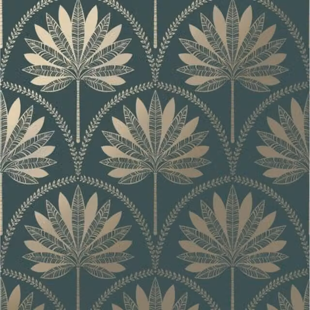 Holden Decor Tropical Palm Trees and Leaves Feature Wallpaper in Grey, Teal, Petrol and Metallic Gold