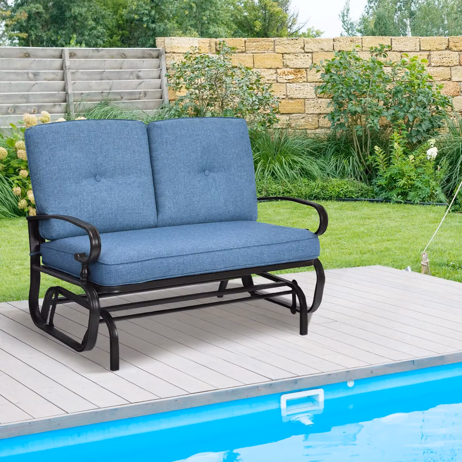 Gymax 2-Seater Outdoor Swing Glider Chair with Cushions in Blue – 5