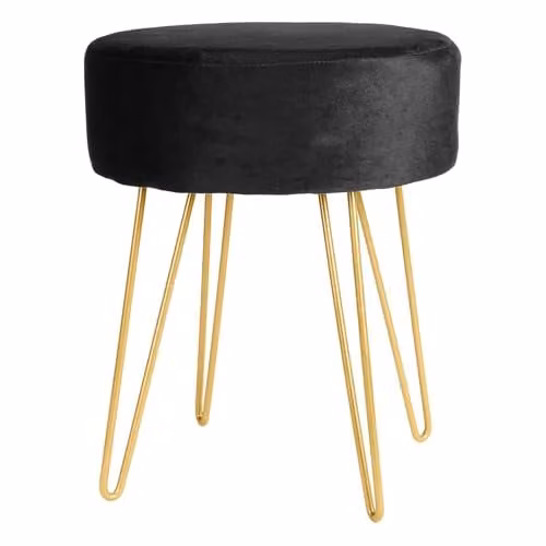 Harbour Housewares Modern Cylindrical Velvet Footstool in Black with Gold Metal Legs, H41 x D45 cm