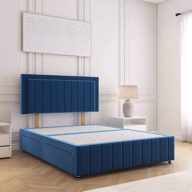 BSSPOKE Sophia Plush Velvet Divan Bed Set with 24 inch Headboard and 4 Drawers, Blue, W/D/H: 120 x 200 cm