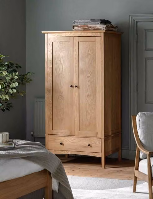 Gallery Direct Rye Double Wardrobe in Natural Oak Finish with Internal Drawers and Shelves