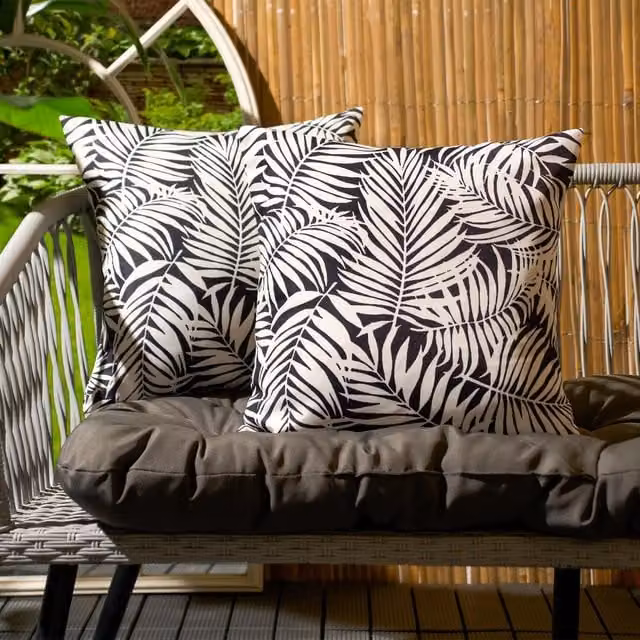 OHS Pack of 2 Black and White Floral Square Outdoor Leaf Cushion Covers with Stain Repellent Fabric