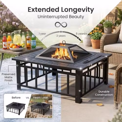 HIRIX 3 in 1 Outdoor Fire Pit Table in Black, Multifunctional Metal Firepit with BBQ Grill, Mesh Lid and Poker for Garden, W/D/H: 31.9 x 31.9 x 31.9 cm – 5