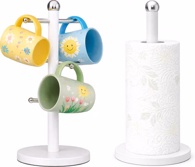 Innoteck Freestanding Kitchen Paper Roll Holder and Mug Tree Set in White with Weighted Anti-Slip Base