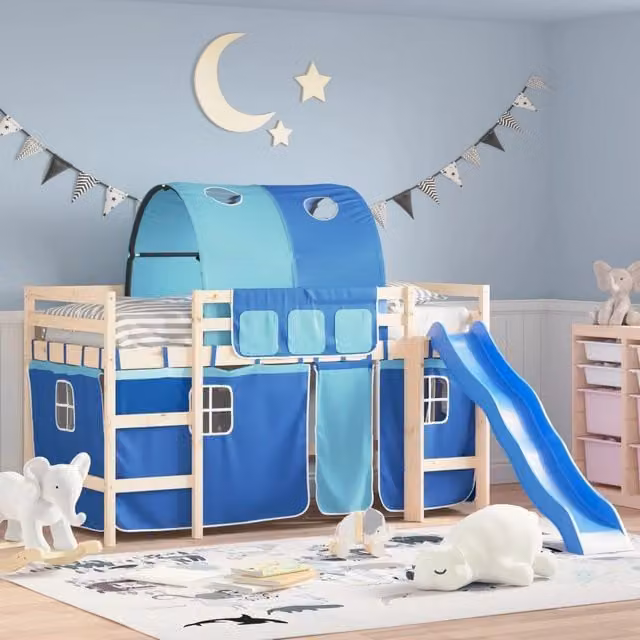 Berkfield Home Blue Polyester Opaque Fabric Panel Curtains for Childrens Loft Beds with Tunnel – 1