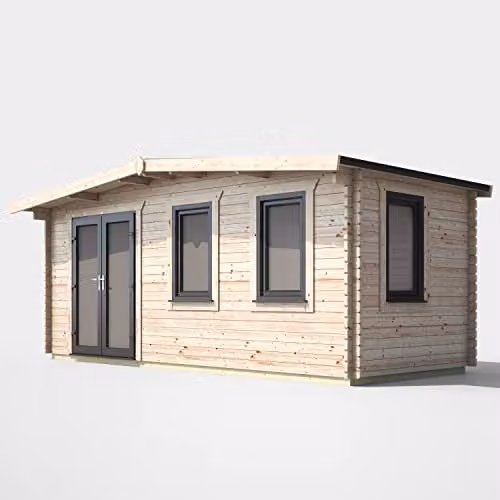 Powersheds Premium Apex Chalet Log Cabin in Natural Brown with Double Doors, EPDM Rubber Roofing and Toughened Glass Windows (Left Orientation Door) – 1