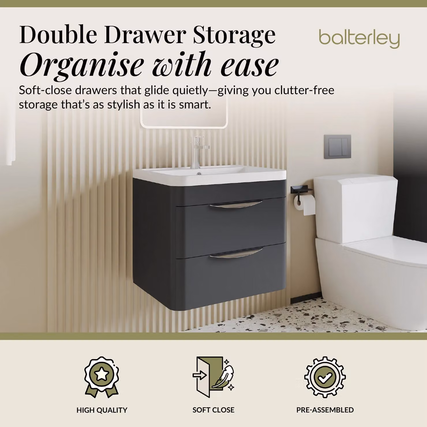 Balterley Wall Hung 2 Drawer Bathroom Vanity Unit with Ceramic Basin, Grey – 2