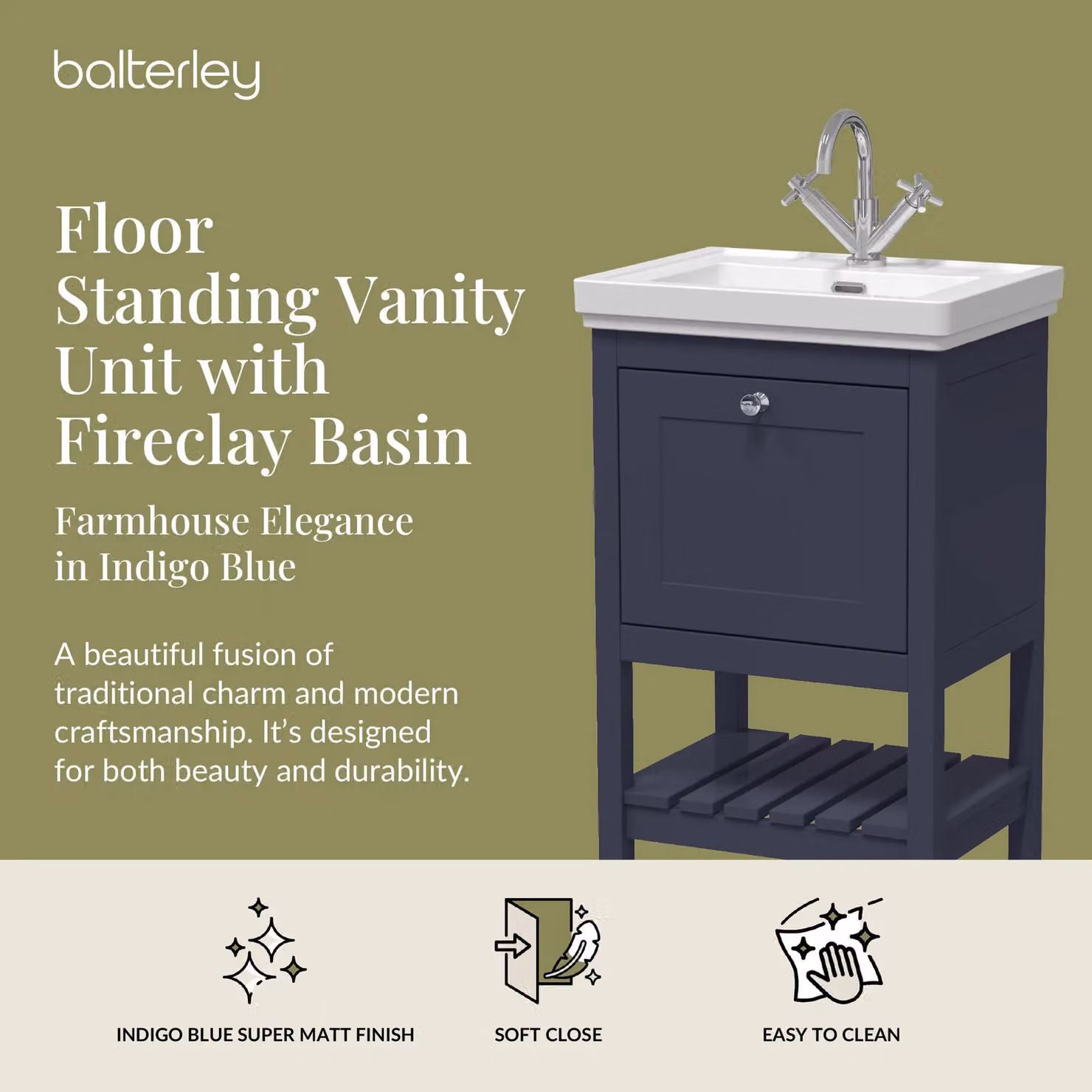 Balterley Blue 1 Drawer Bathroom Vanity with 1 Tap Hole Fireclay Basin, Width: 53.1 cm – 2