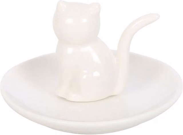 KDMK Sitting Cat Ceramic Trinket Dish and Jewelry Ring Holder in White