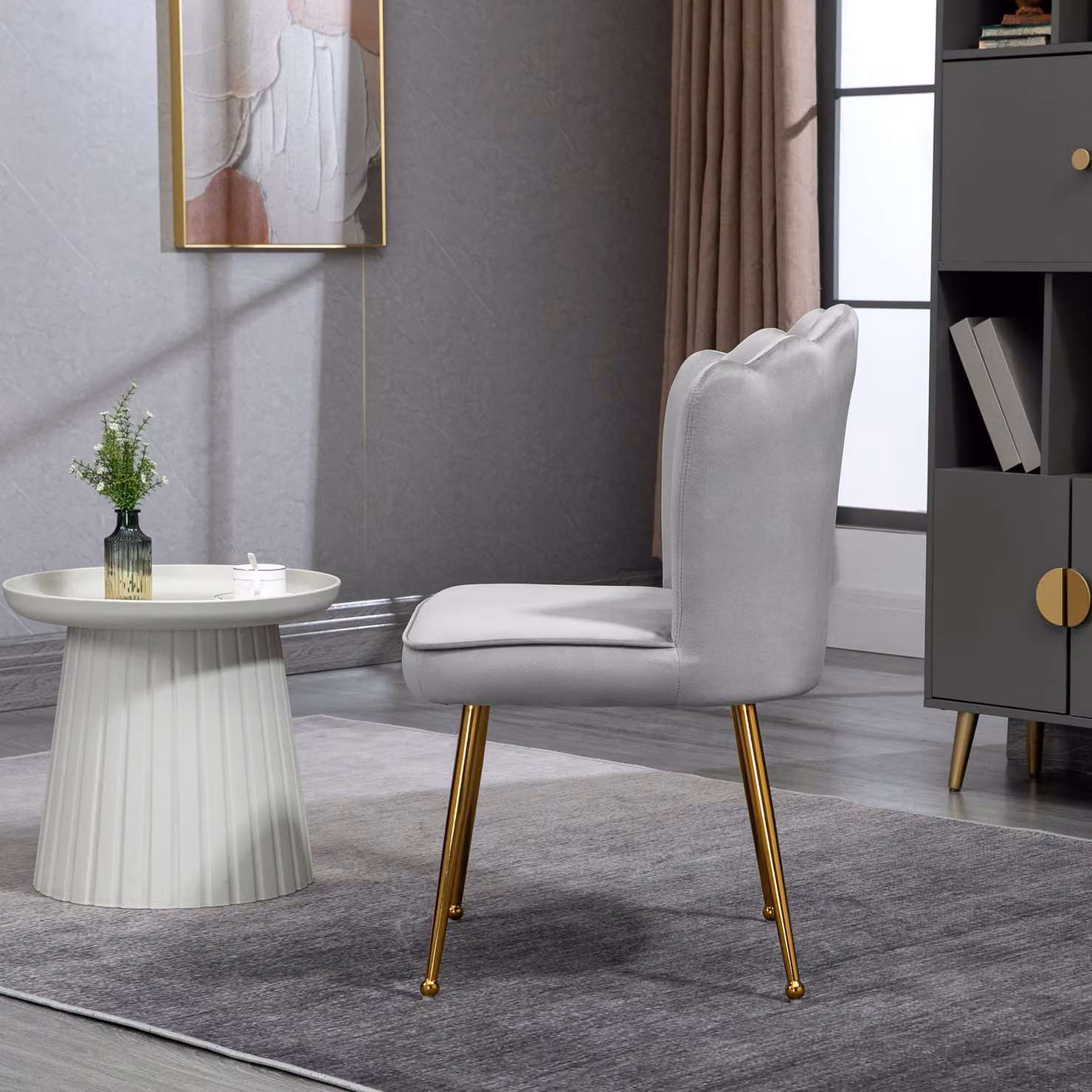 HOMCOM Set of 2 Grey Velvet Shell Accent Chairs with Gold Metal Legs for Dining Room or Bedroom – 4