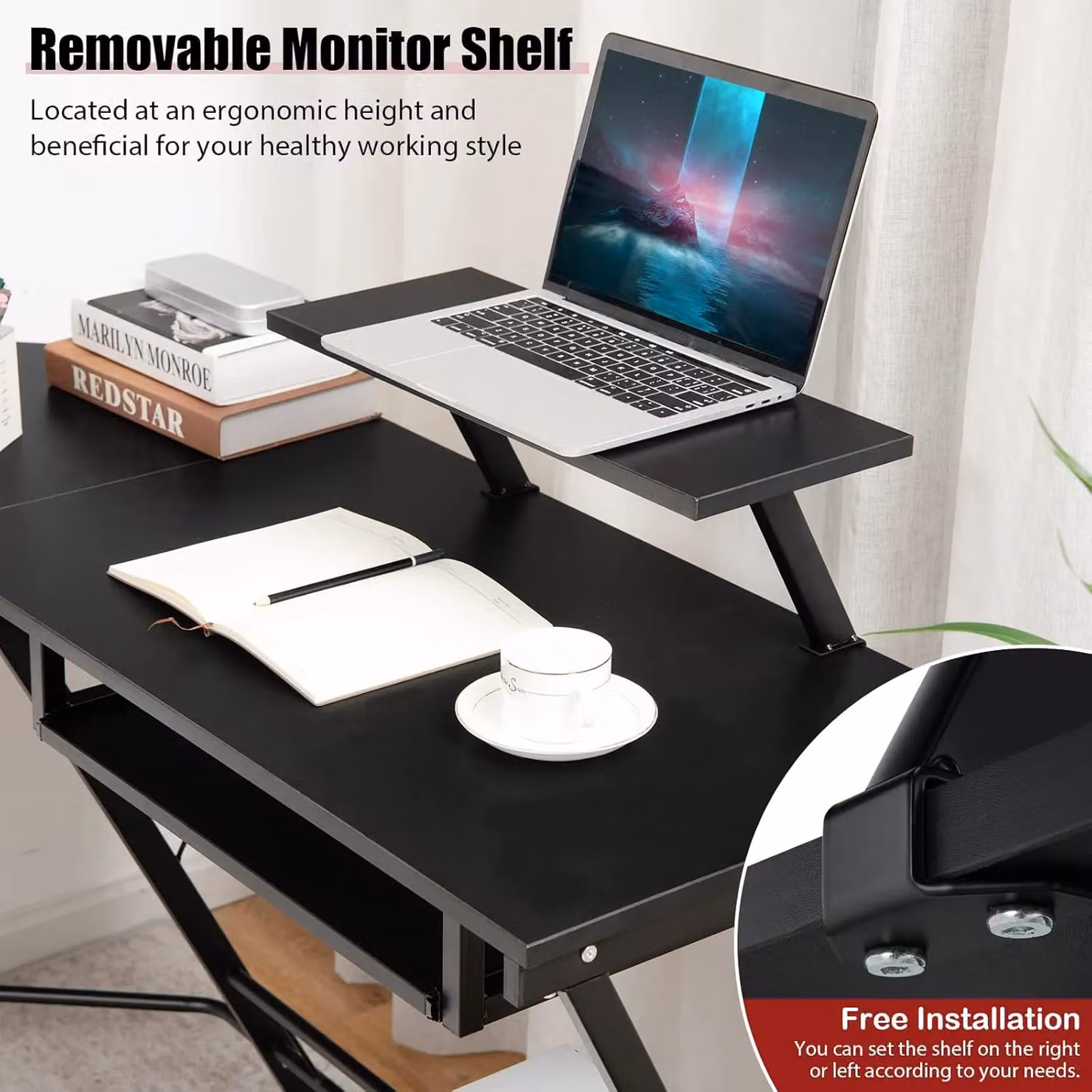 Gymax L-Shaped Corner Desk with Pull-Out Workstation and Removable Monitor Shelf in Black – 5