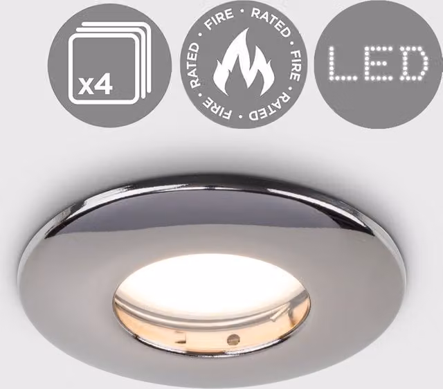 ValueLights Black Chrome IP65 Fire Rated LED Ceiling Downlight Fitting, Pack of 4 – 4