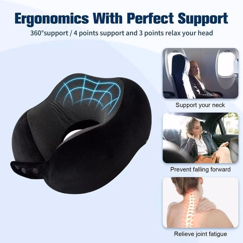 Kelvenix Black U-Shaped Memory Foam Travel Neck Pillow with Removable Breathable Velvet Cover – 5