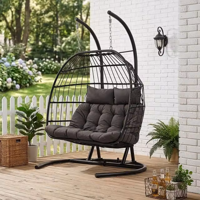 Darphe Two Seater Modern Hanging Egg Chair with U Shaped Base in Black and Grey