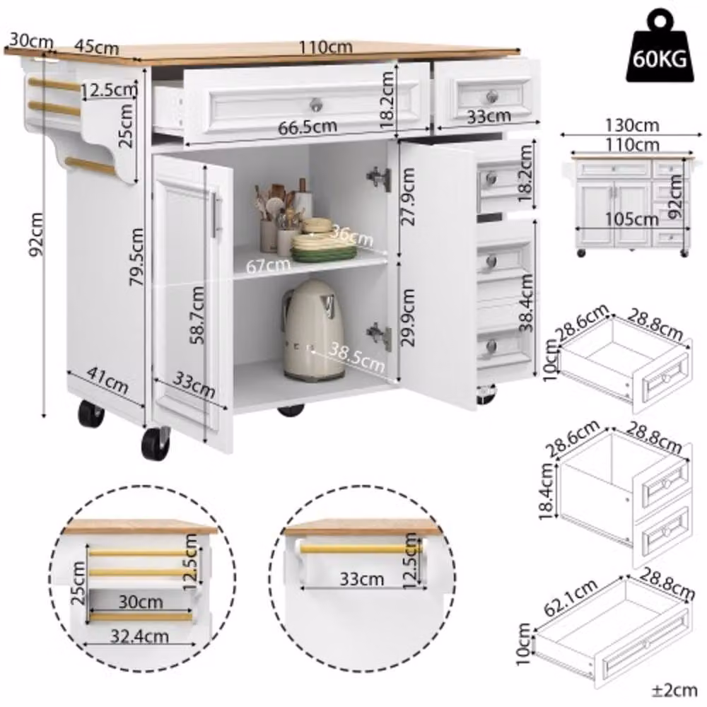 BTM Removable Kitchen Island with 5 Drawers in White – 3