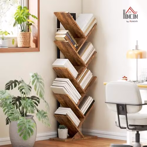HOMCOM 9-Tier Industrial Corner Tree Bookshelf with Steel Frame and MDF Shelves, Brown – 2