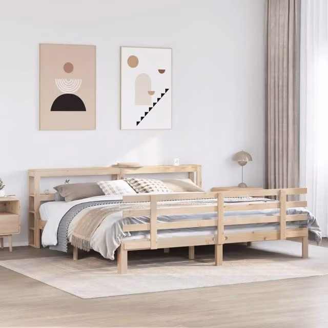 Berkfield Home Super King Bed Frame with Headboard and Side Compartments in Brown Solid Pine Wood, W/D/H: 180 x 200 cm