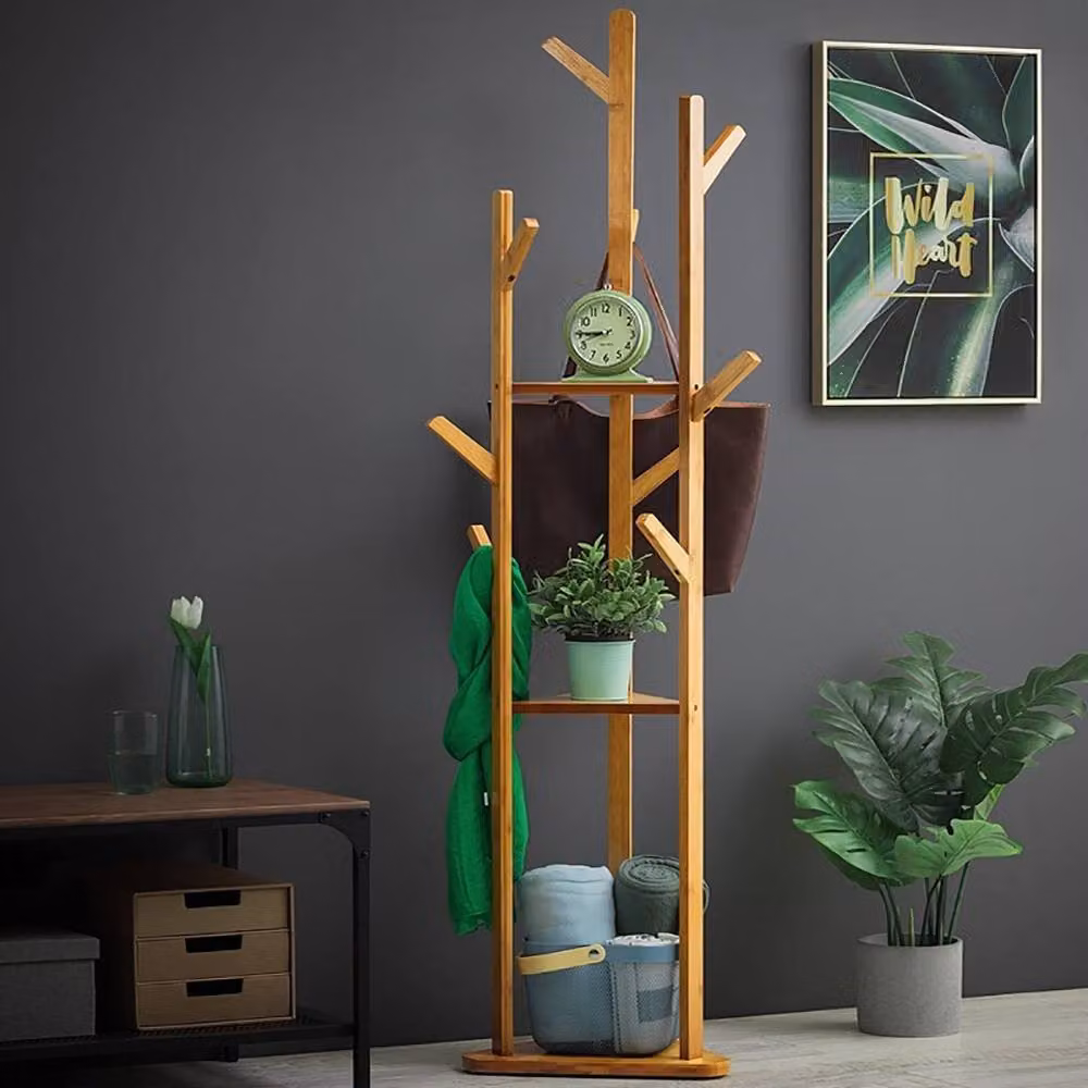 Living and Home Wooden Coat Rack Stand with 8 Hooks and 3-Tier Storage Shelf in Brown – 3