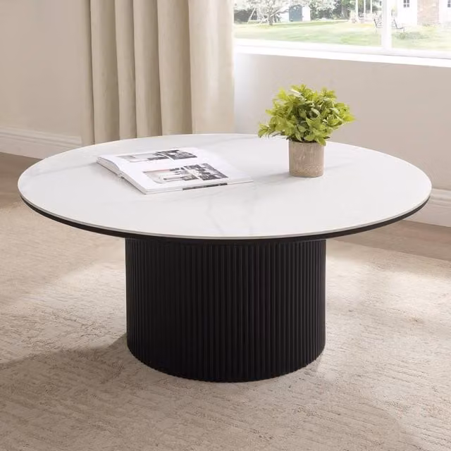 Home Detail Oscar Round Sintered Stone Coffee Table with Black Base and Multicolour Abstract Ceramic Top – 1