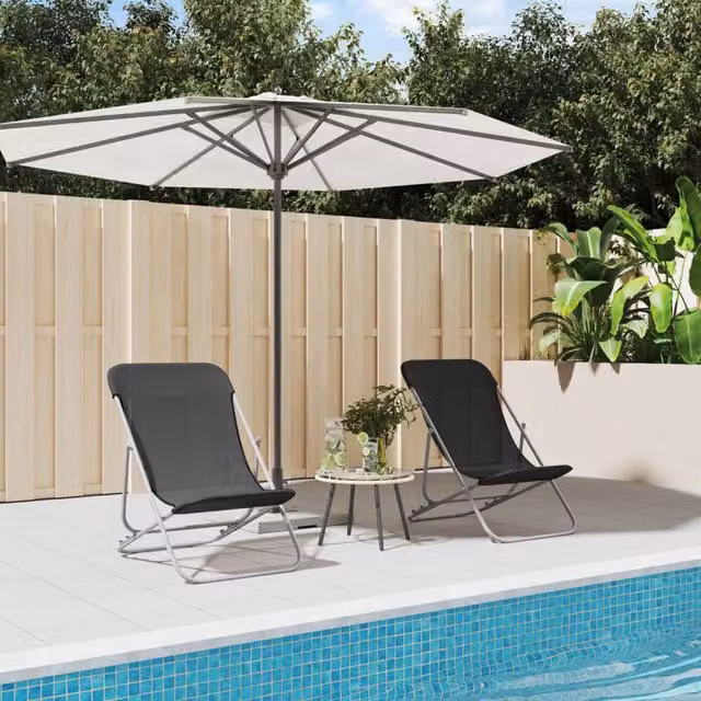 Berkfield Home Set of 2 Black Folding Beach Chairs with Textilene Fabric and Powder-coated Steel Frame