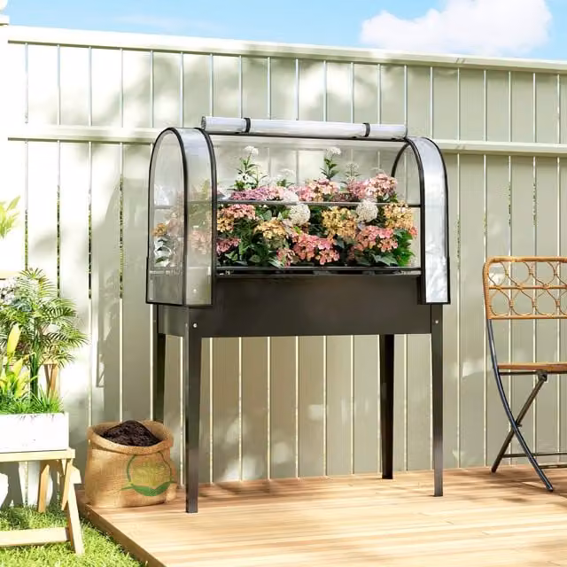 Outsunny Metal Raised Planter with Flip-Up Greenhouse Cover, Black