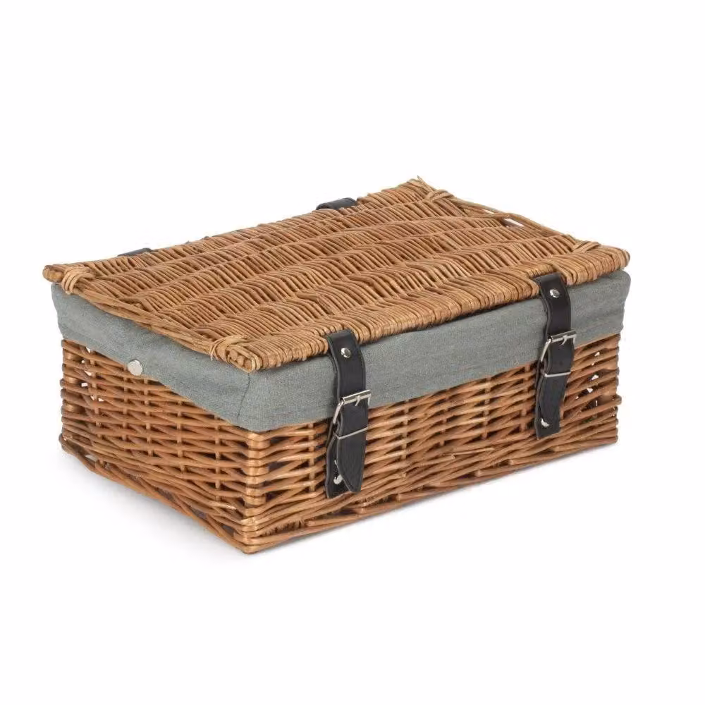 Red Double Steamed Wicker Hamper Basket with Grey Cotton Lining and Handles, Diameter: 35 cm – 2